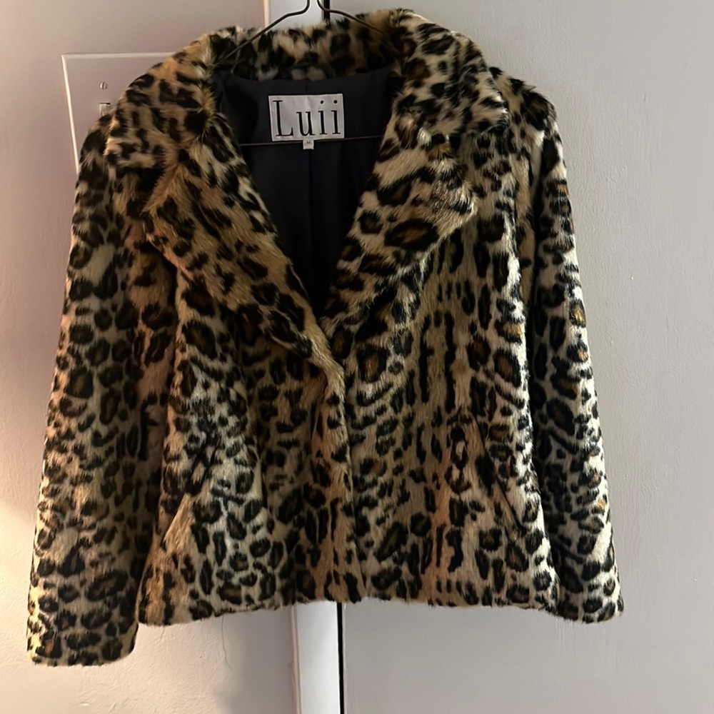 Luii Women Polyester Faux Fur Leopard Lined Coat Size M